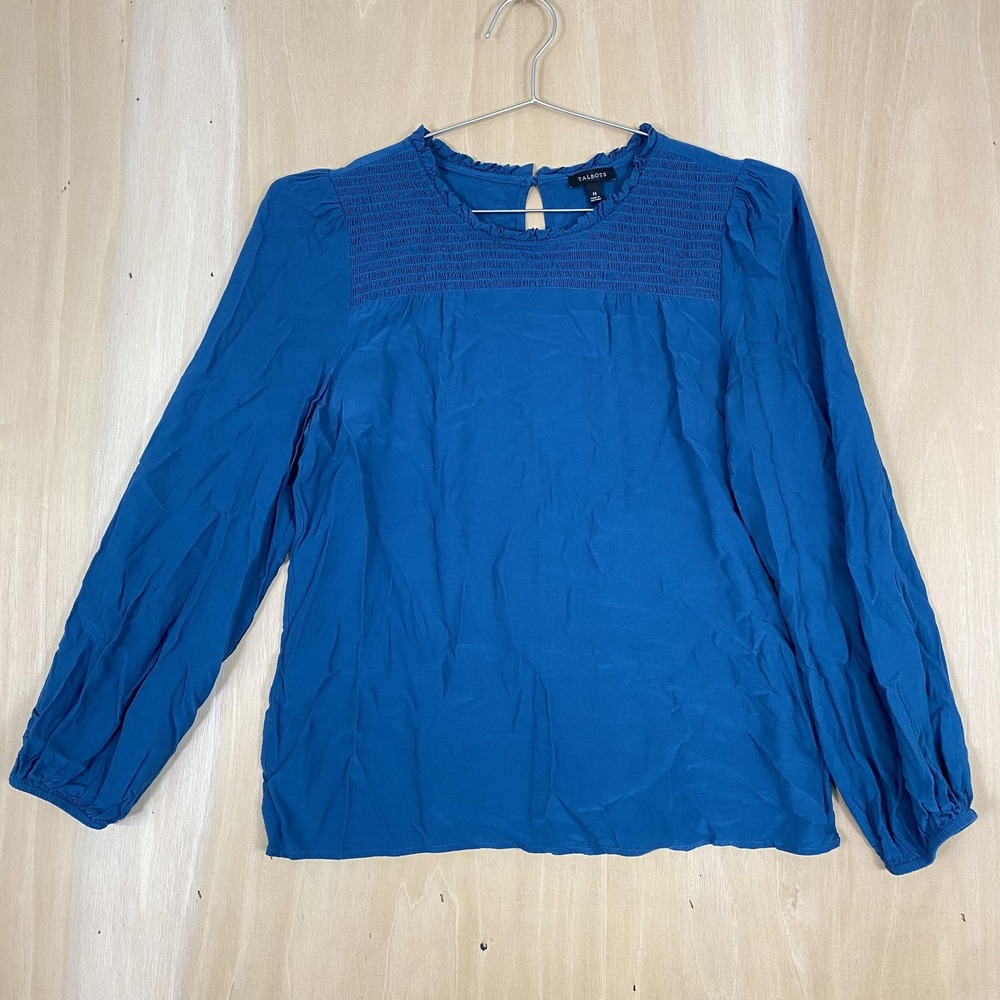 Talbots Blouse Womens Medium Blue Long Sleeve Smocked Yoke Ruffle Neck Viscose